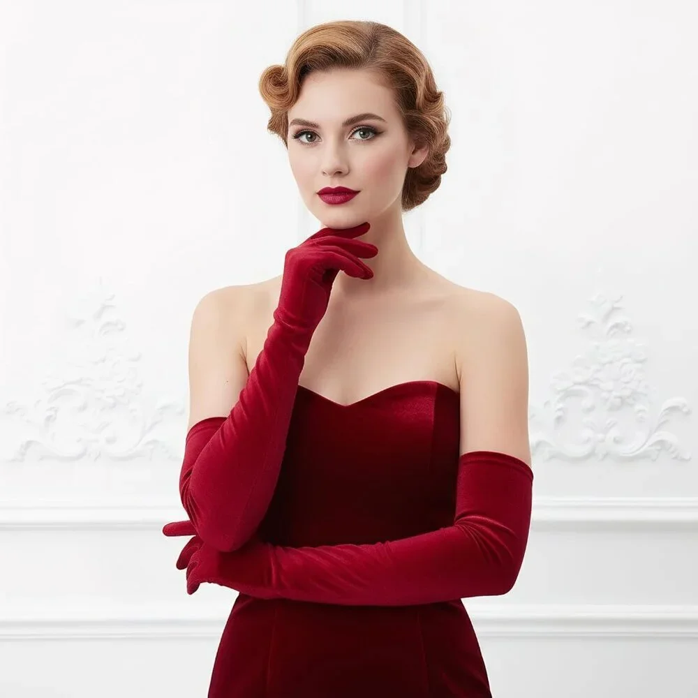 Women's Wine Red Velvet Long Gloves Elbow Length Costume Flapper Evening Banquet